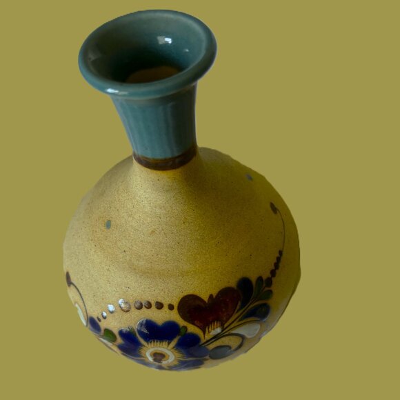 Vintage Tonalá pottery Mexican Folk Art Vase Floral Signed Tan Blue Brown EUC - Picture 8 of 12